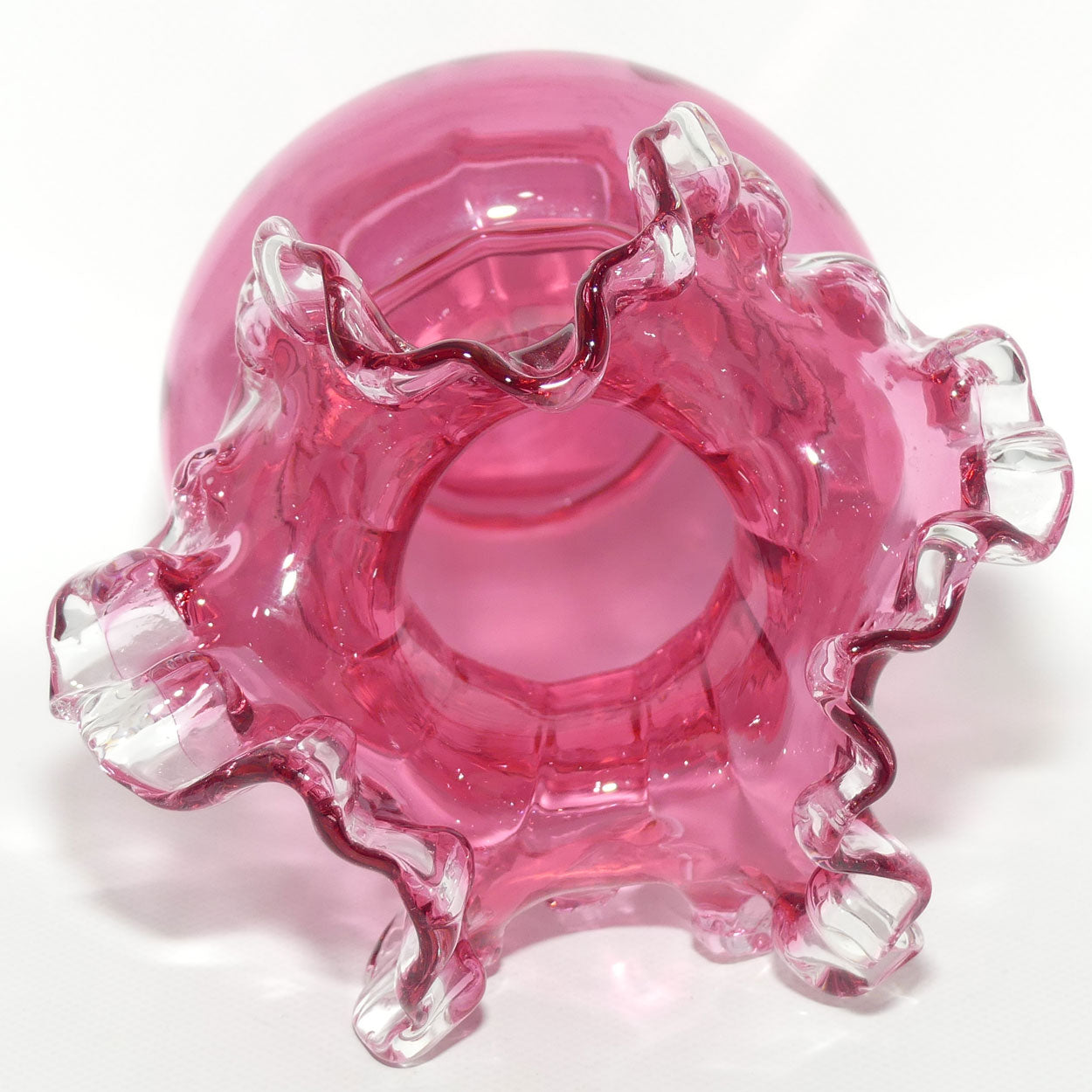 Vintage Cranberry Glass with Clear Ruffled Edge vase | #1