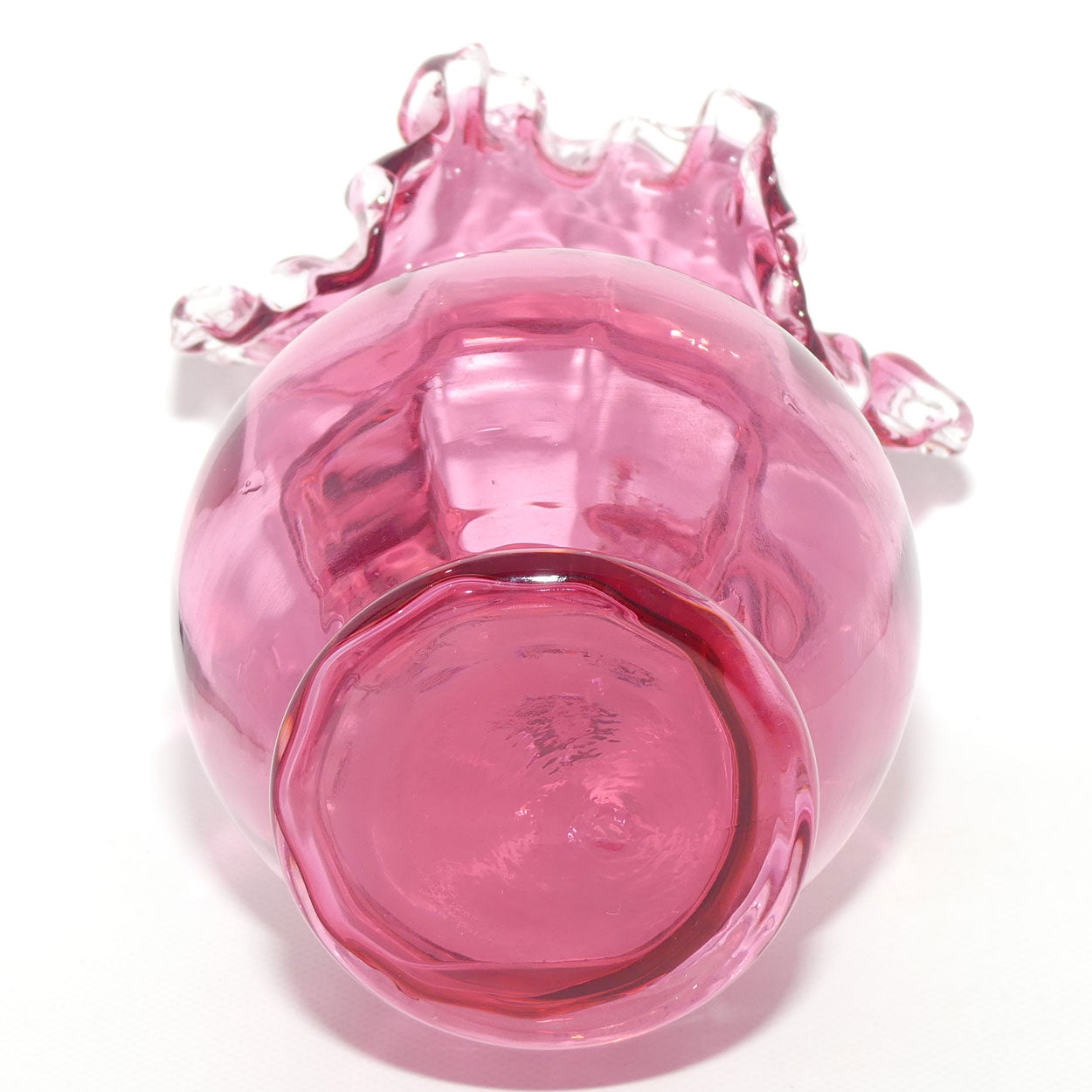 Vintage Cranberry Glass with Clear Ruffled Edge vase | #1