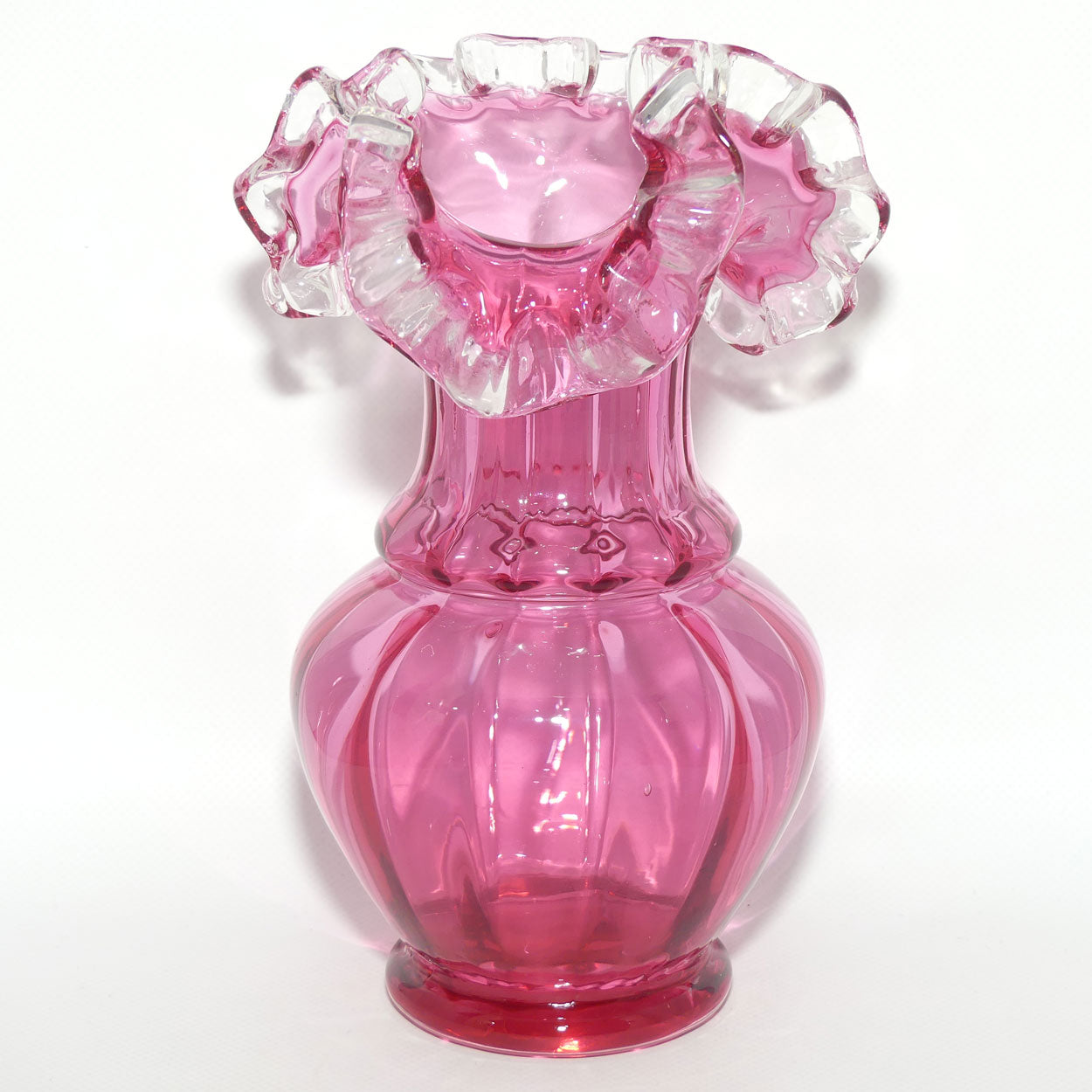 Vintage Cranberry Glass with Clear Ruffled Edge vase | #2