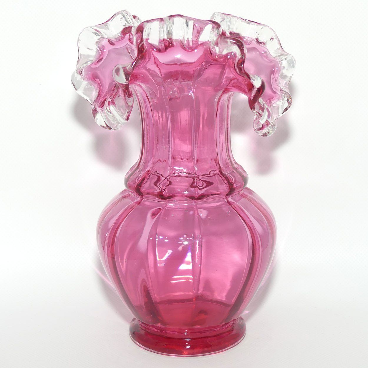 Vintage Cranberry Glass with Clear Ruffled Edge vase | #2