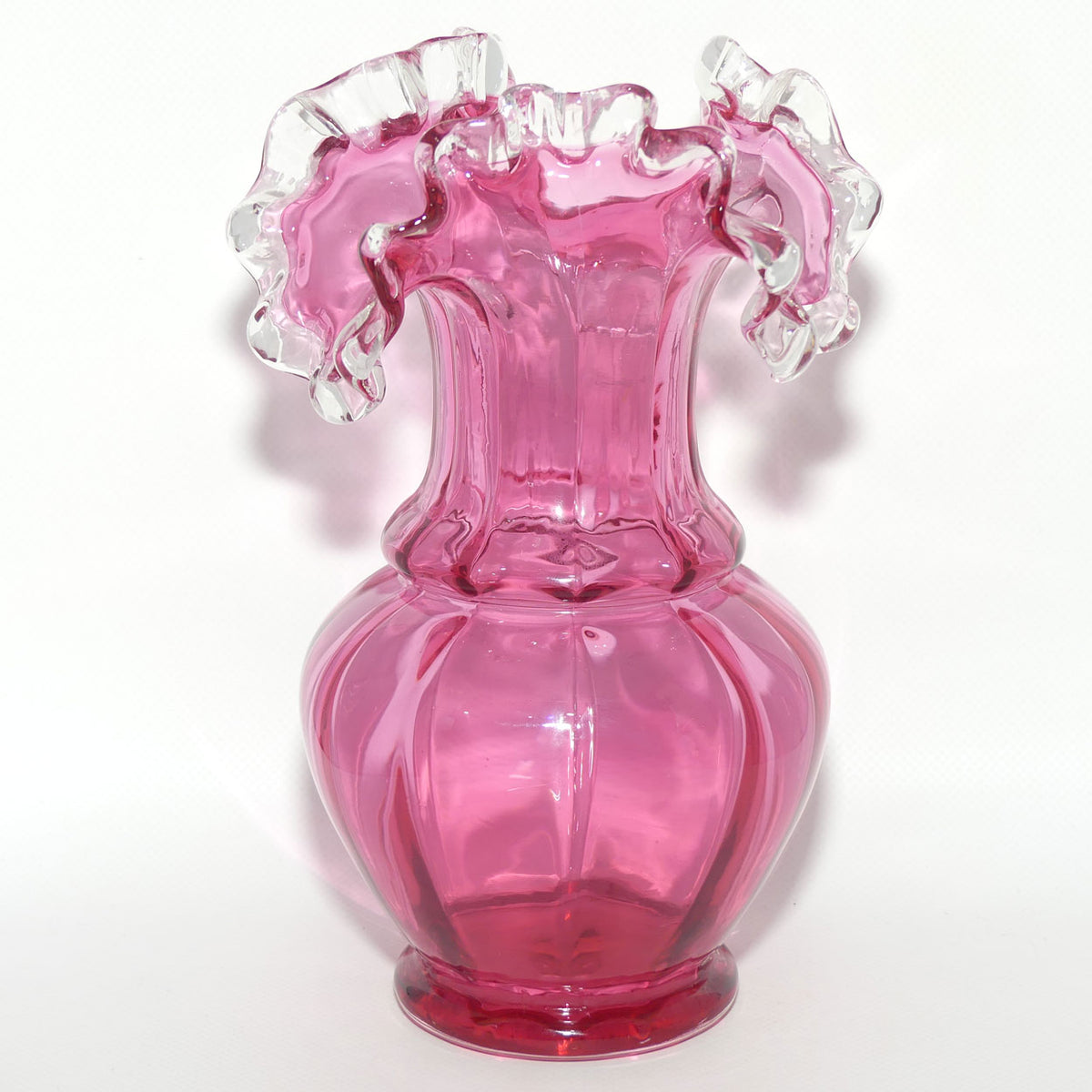 Vintage Cranberry Glass with Clear Ruffled Edge vase | #2