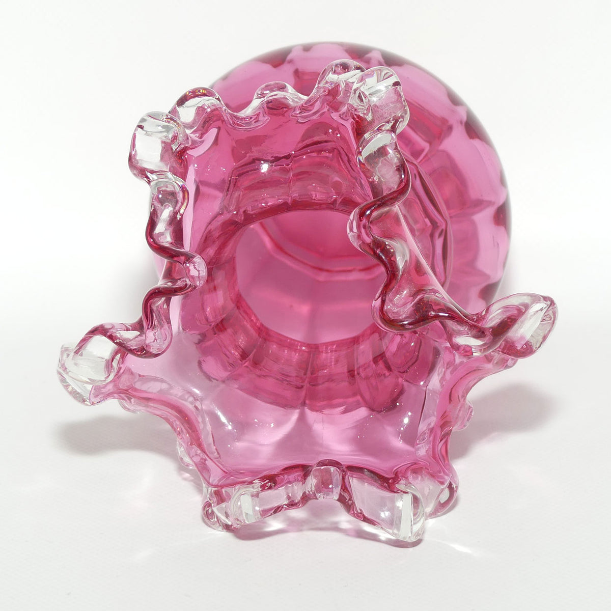 Vintage Cranberry Glass with Clear Ruffled Edge vase | #2