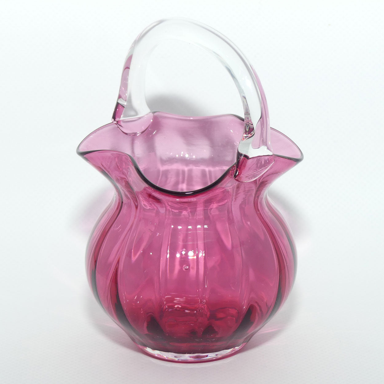 Small Cranberry Glass basket with clear glass handle