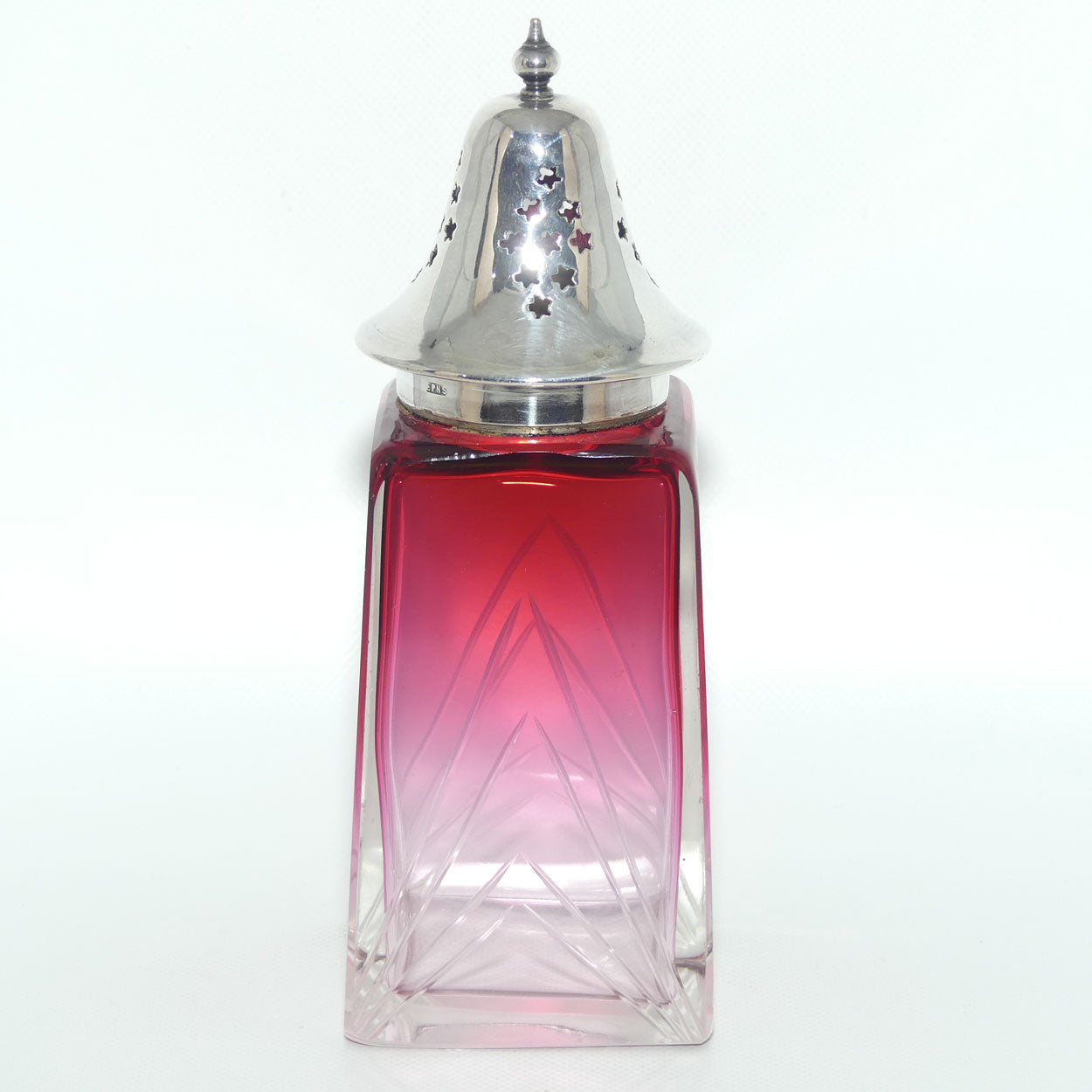 Victorian era Cranberry Glass with facetted design sugar castor | EPNS lid