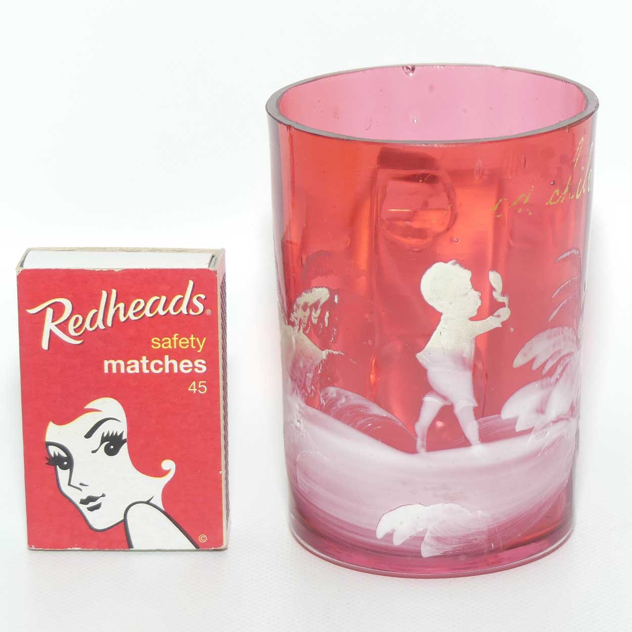 Mary Gregory on Cranberry Glass mug | Young Boy | Gilt Good Child and engraved Doris 1902