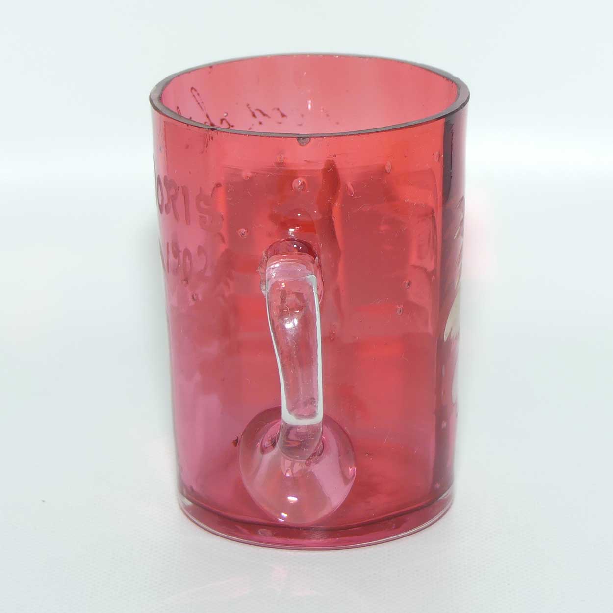 Mary Gregory on Cranberry Glass mug | Young Boy | Gilt Good Child and engraved Doris 1902