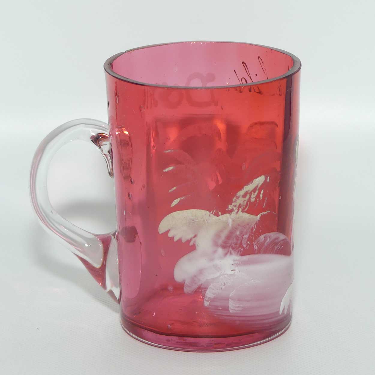 Mary Gregory on Cranberry Glass mug | Young Boy | Gilt Good Child and engraved Doris 1902