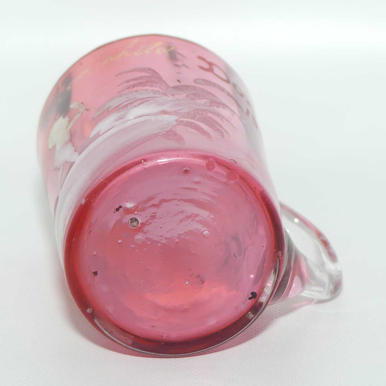 Mary Gregory on Cranberry Glass mug | Young Boy | Gilt Good Child and engraved Doris 1902