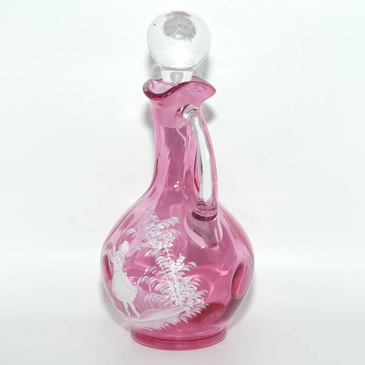 Mary Gregory on Cranberry Coin Dot decanter | Girl with Butterfly