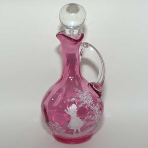 Mary Gregory on Cranberry Coin Dot decanter | Girl with Butterfly