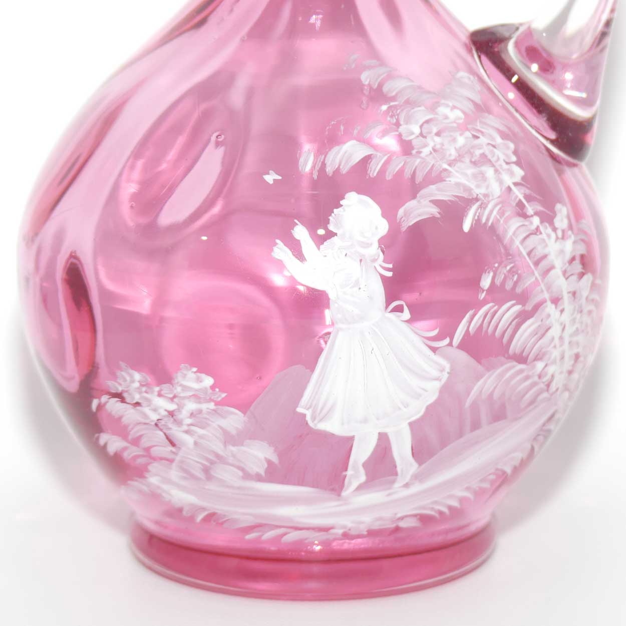 Mary Gregory on Cranberry Coin Dot decanter | Girl with Butterfly
