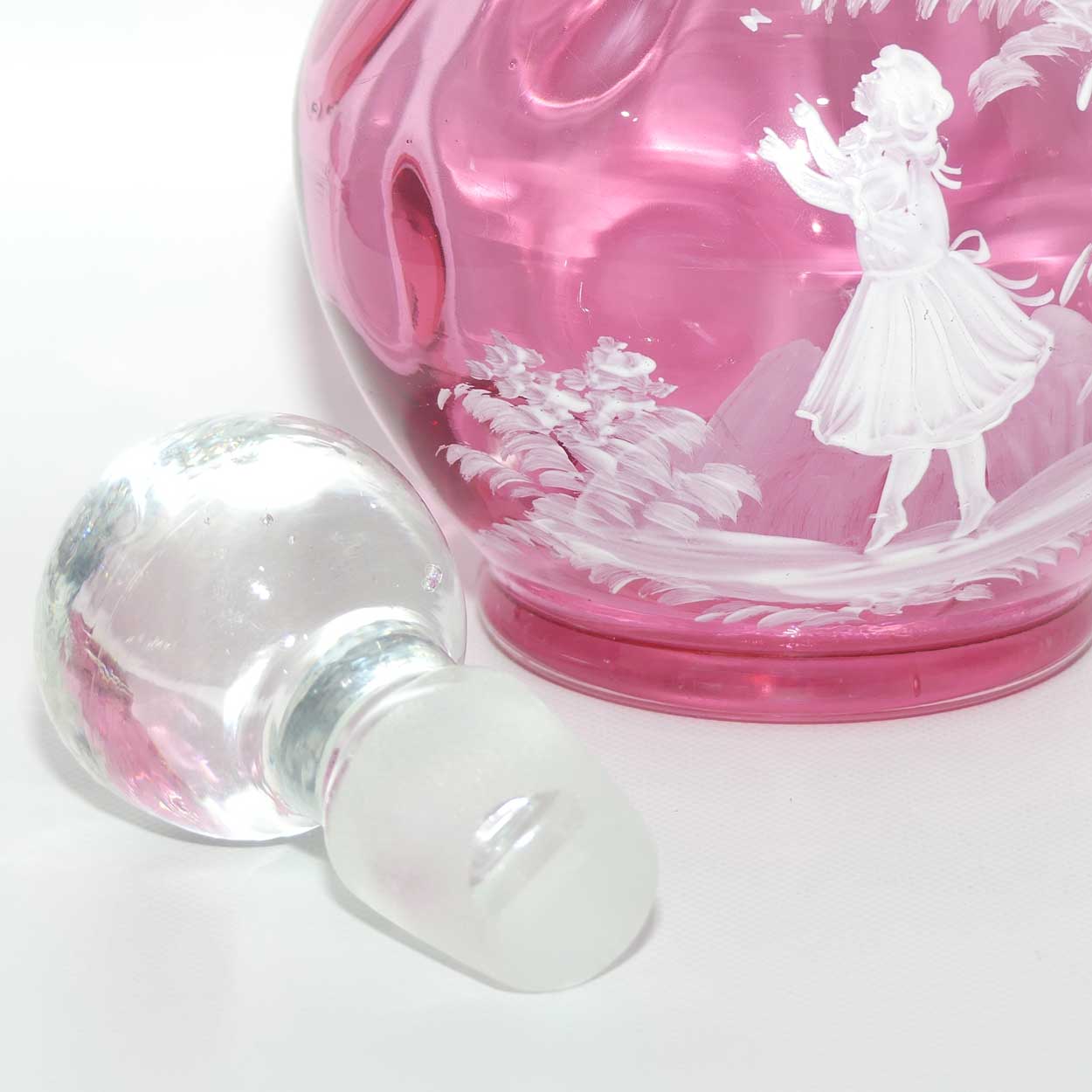 Mary Gregory on Cranberry Coin Dot decanter | Girl with Butterfly