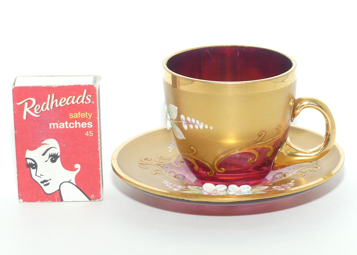 Vintage Bohemian Glass demi tasse duo | #2 | High Gilt and Floral Decor on Cranberry