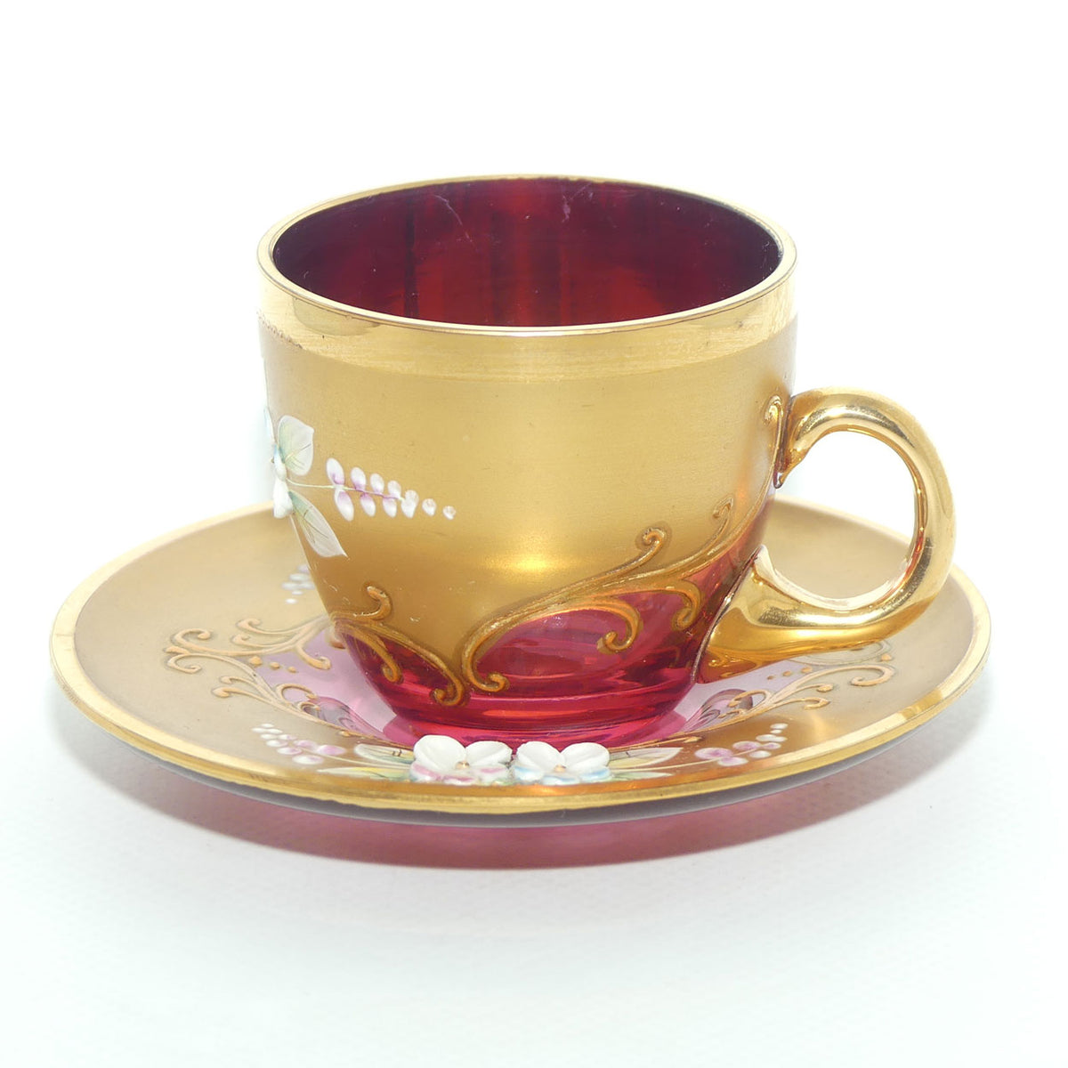 Vintage Bohemian Glass demi tasse duo | #2 | High Gilt and Floral Decor on Cranberry