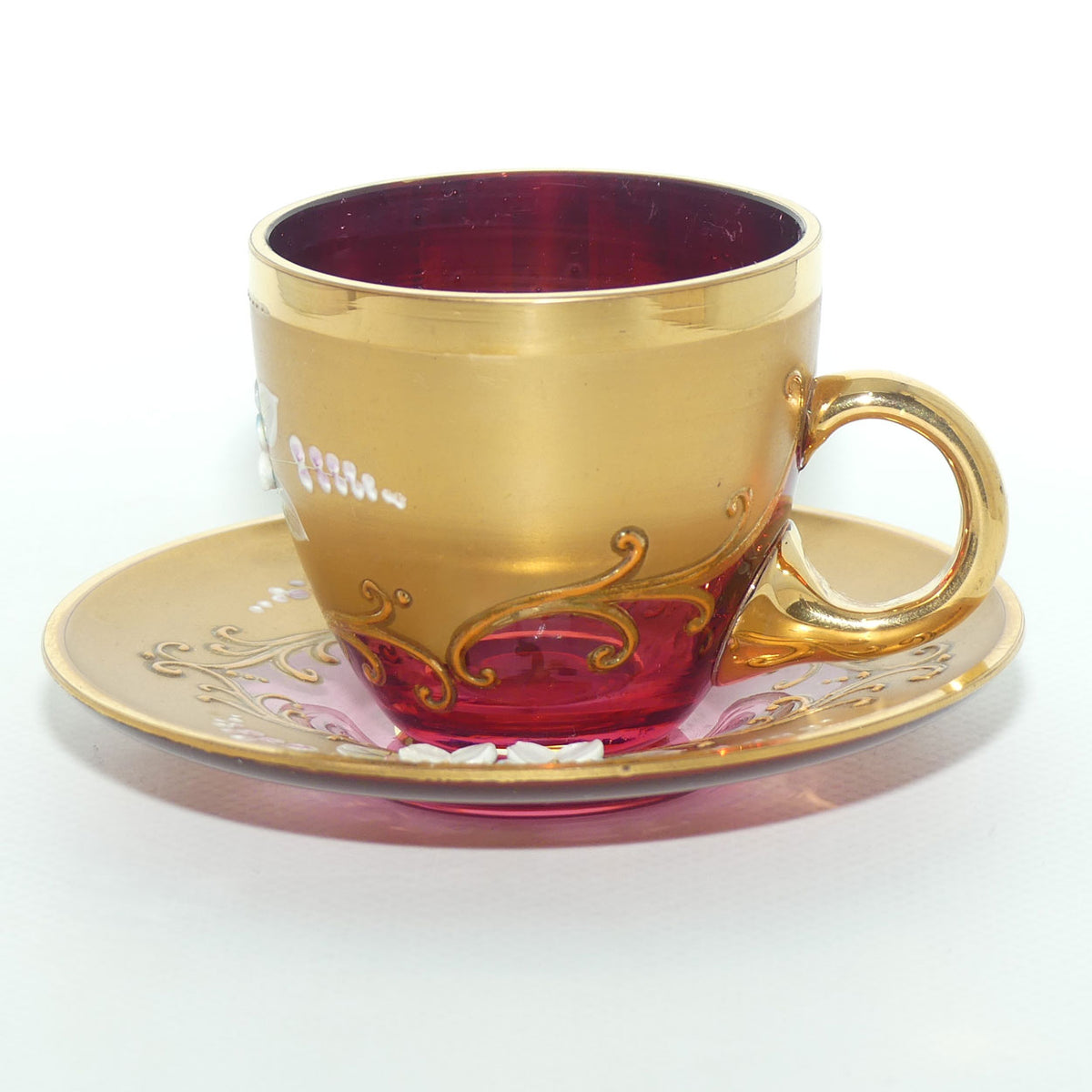 Vintage Bohemian Glass demi tasse duo | #4 | High Gilt and Floral Decor on Cranberry