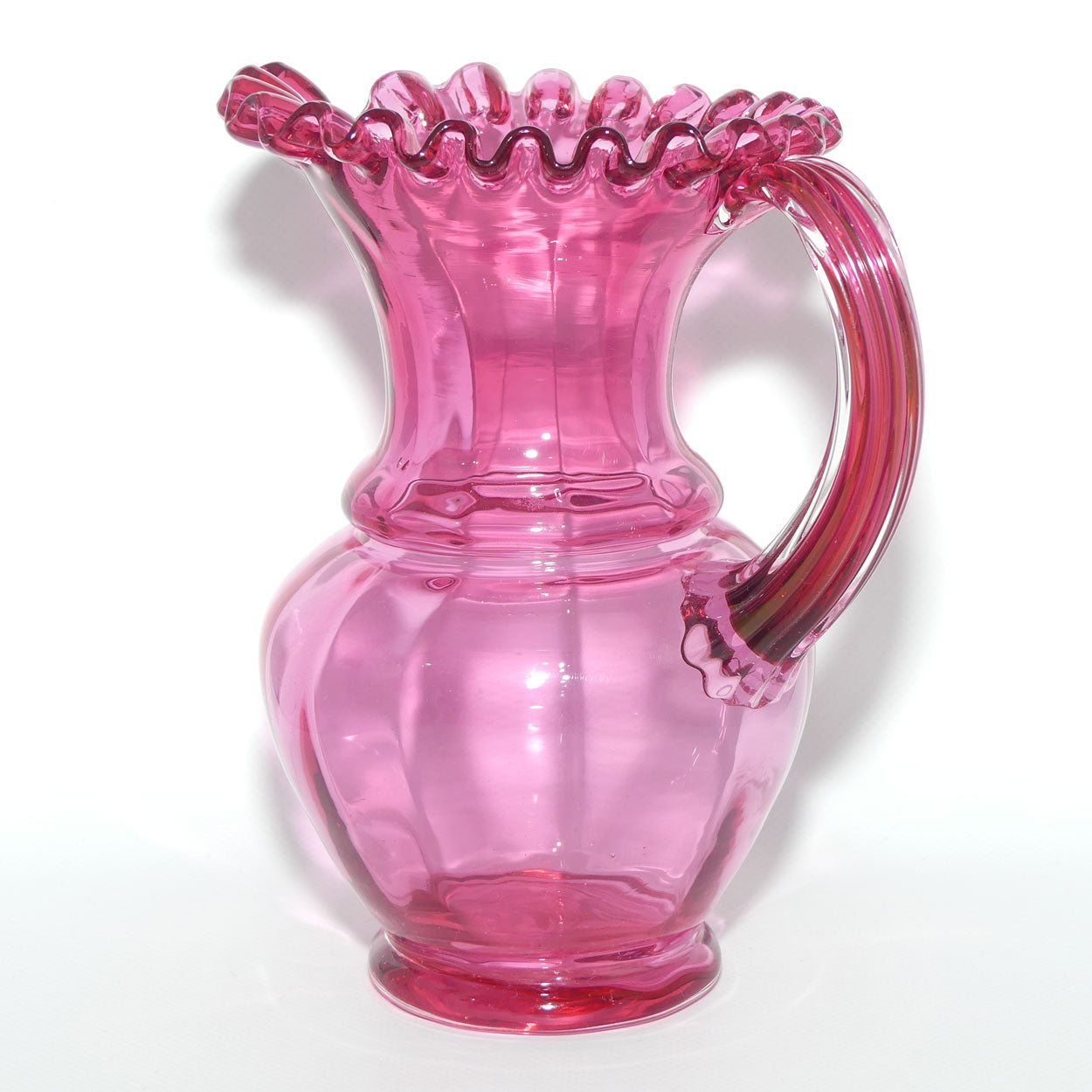 Victorian era Cranberry Glass frilled top jug | 20cm tall