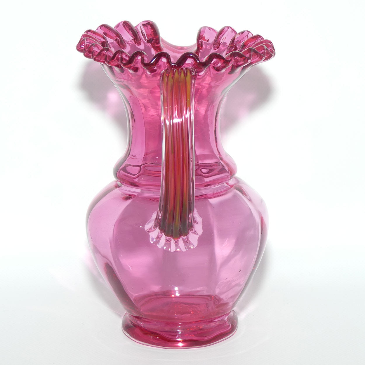Victorian era Cranberry Glass frilled top jug | 20cm tall