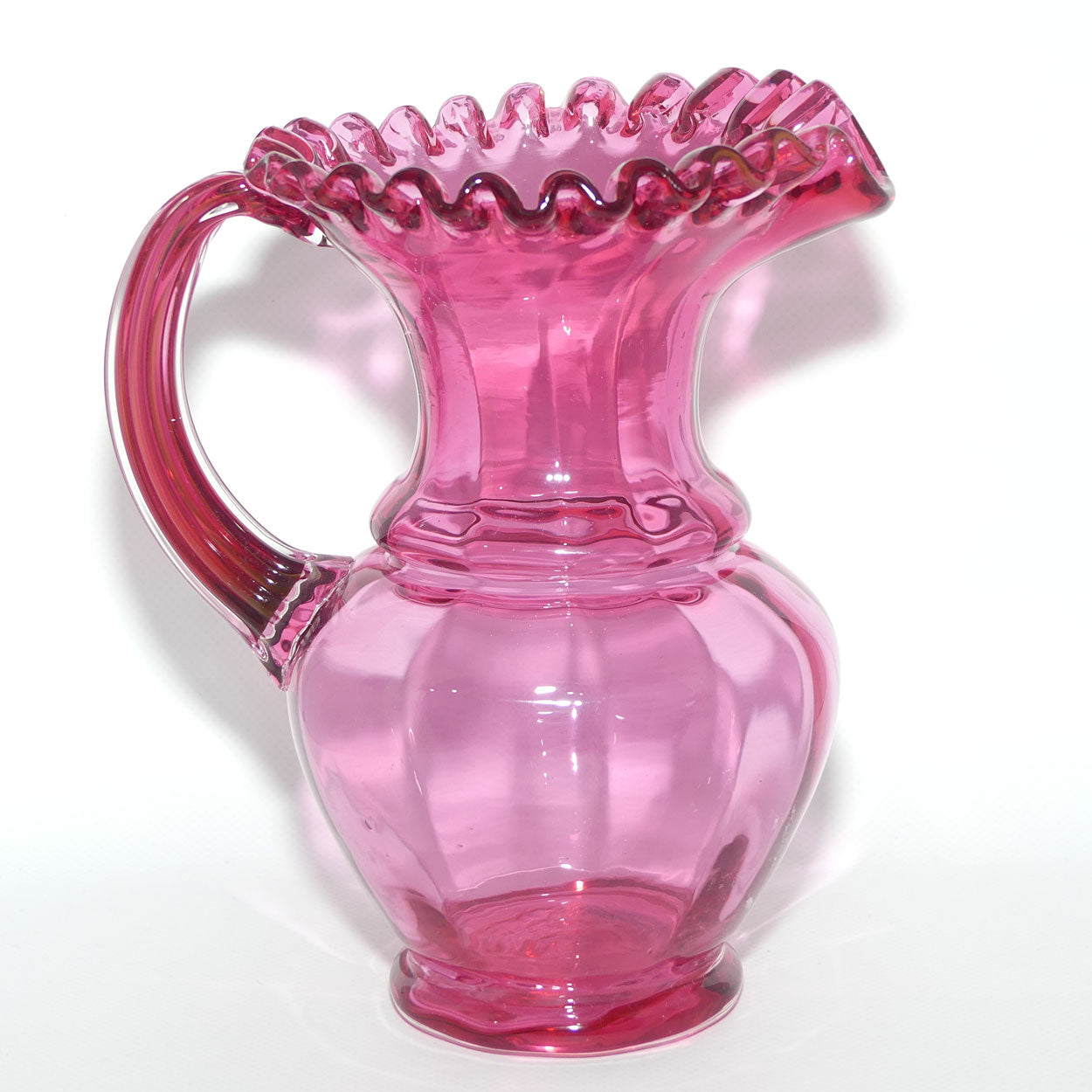 Victorian era Cranberry Glass frilled top jug | 20cm tall