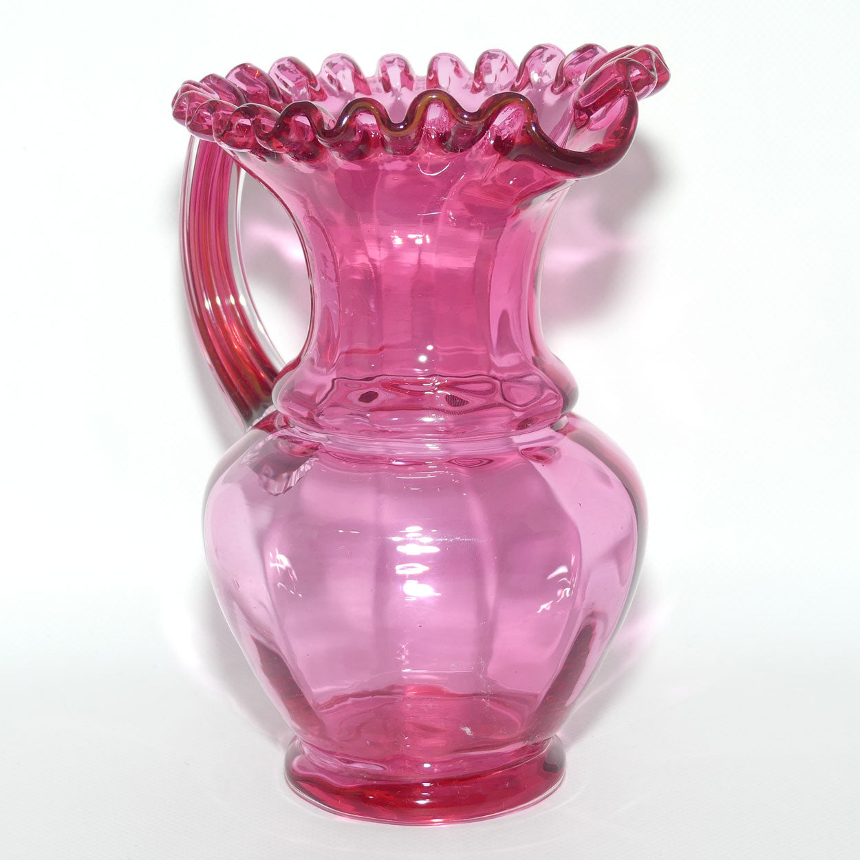 Victorian era Cranberry Glass frilled top jug | 20cm tall