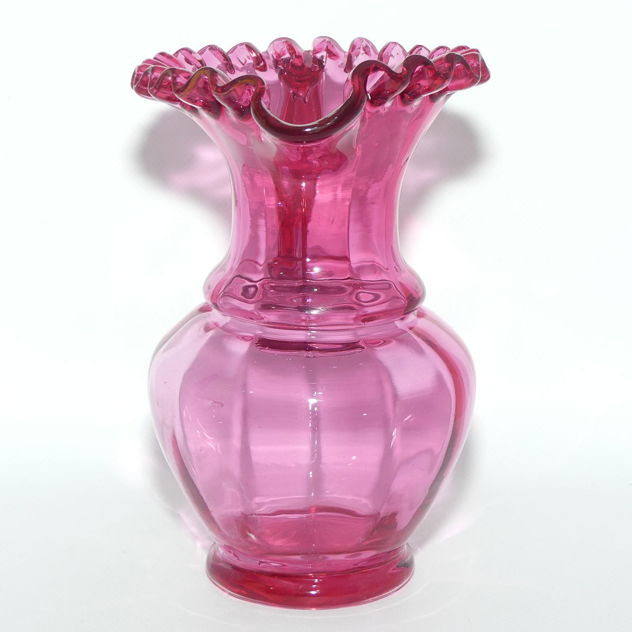 Victorian era Cranberry Glass frilled top jug | 20cm tall