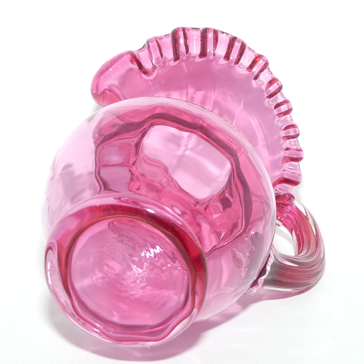 Victorian era Cranberry Glass frilled top jug | 20cm tall