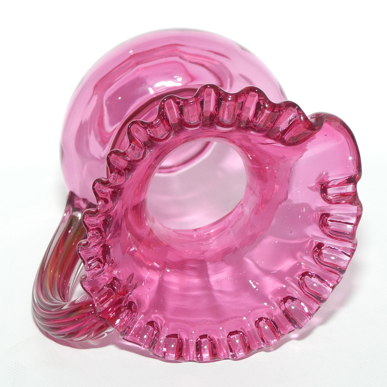Victorian era Cranberry Glass frilled top jug | 20cm tall