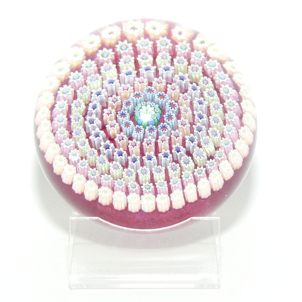 John Deacons Scotland Concentric Millefiori Magnum paperweight | Cranberry