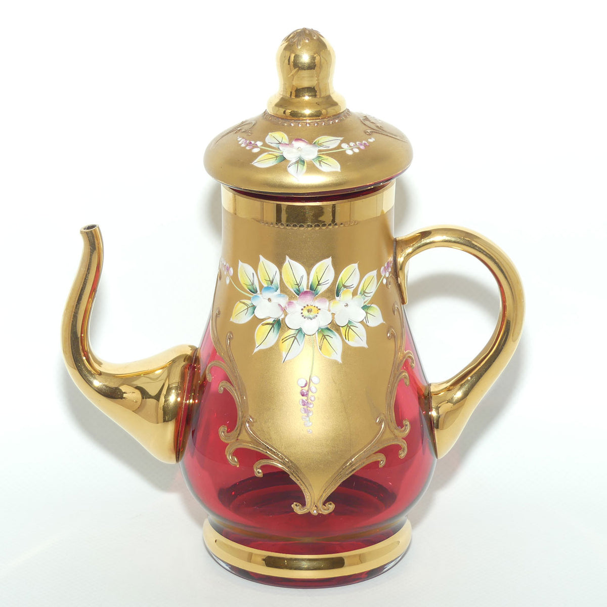 Vintage Bohemian Glass coffee pot | High Gilt and Floral Decor on Cranberry