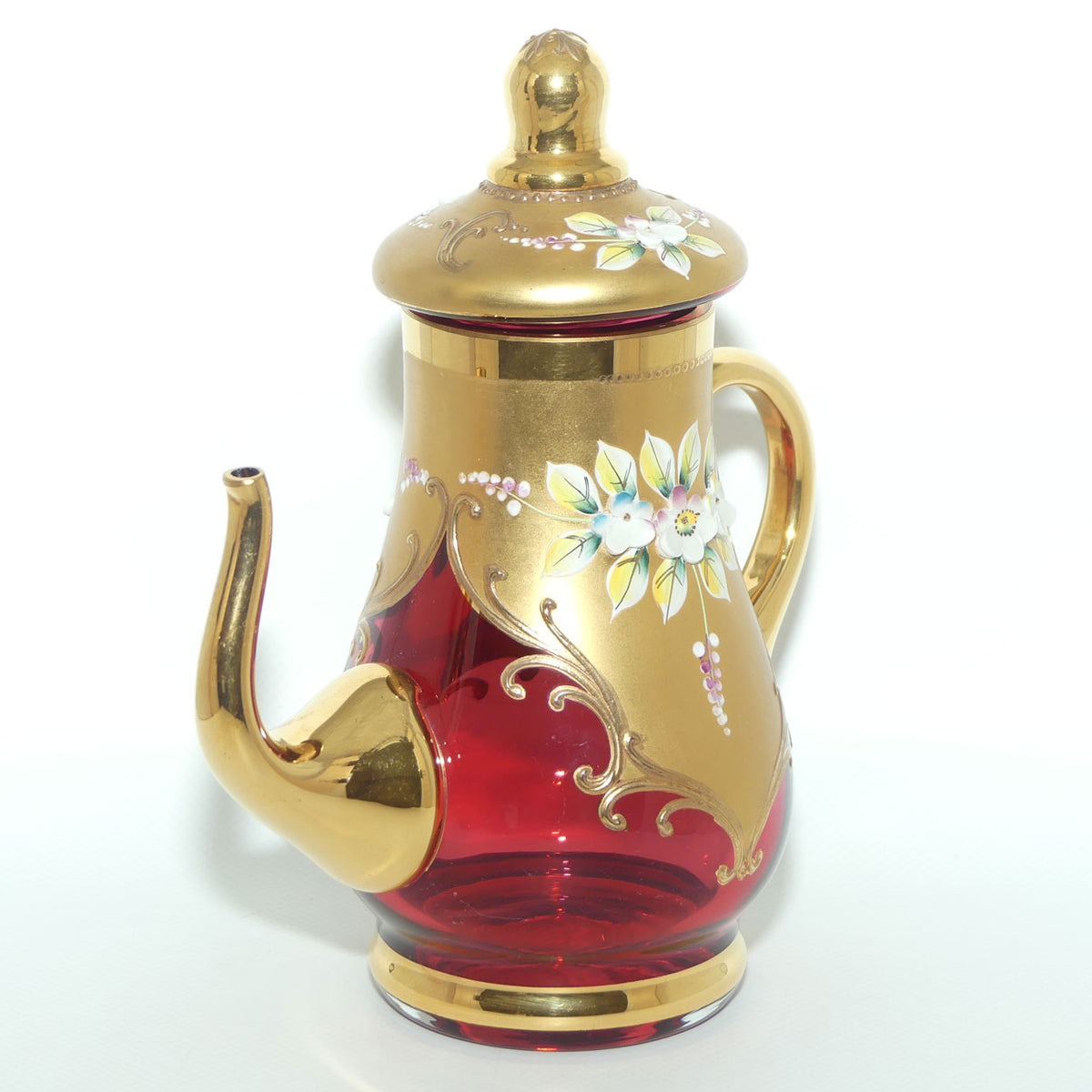 Vintage Bohemian Glass coffee pot | High Gilt and Floral Decor on Cranberry