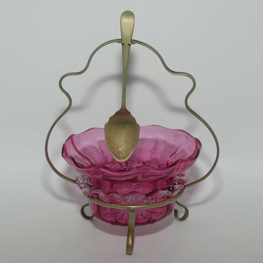 Victorian era Cranberry Glass bowl in stand with spoon