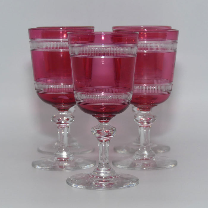 Set of 5 Cranberry facetted to Clear liqueur glasses