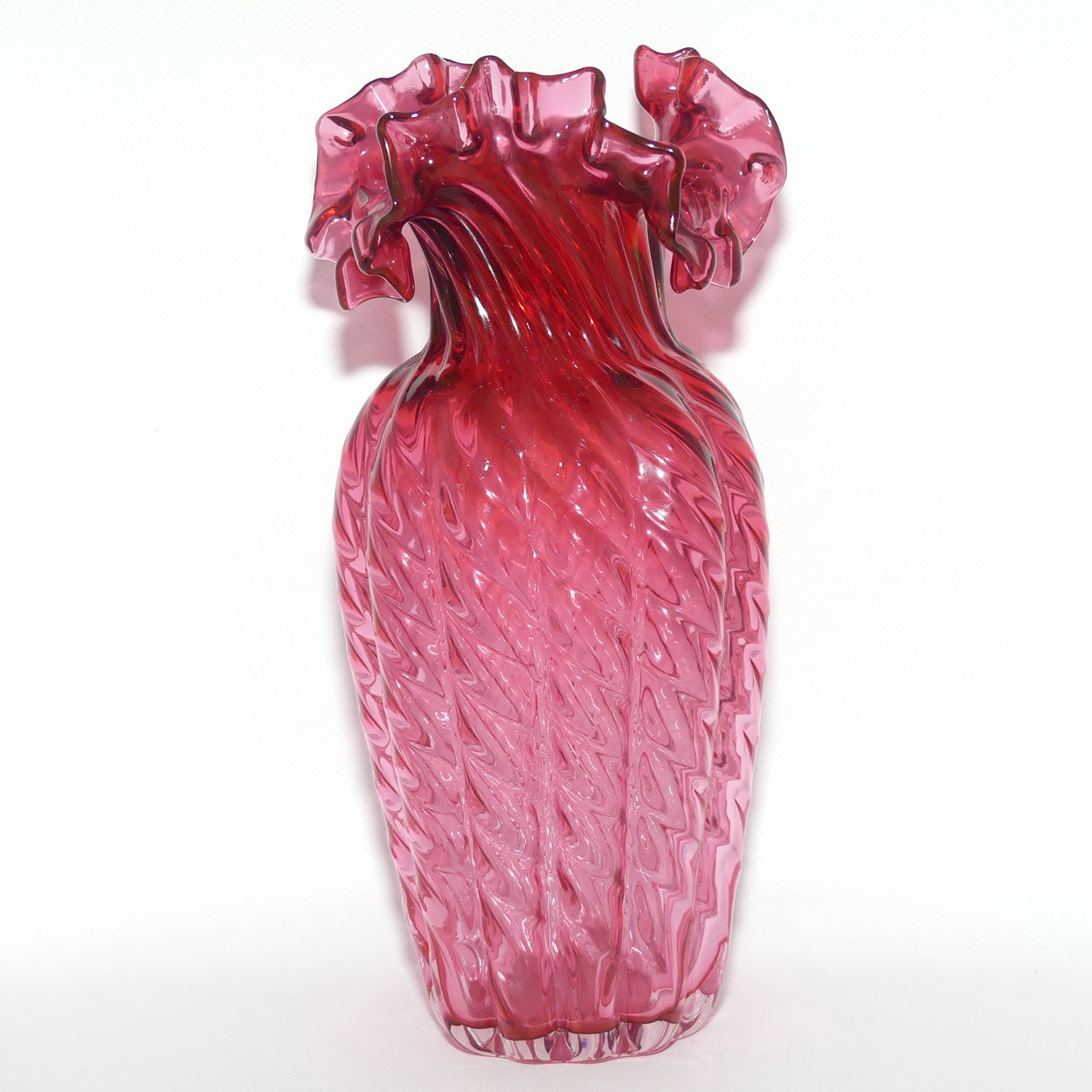 Vintage Victorian style Cranberry Glass frilled edge tall Melon shape vase
