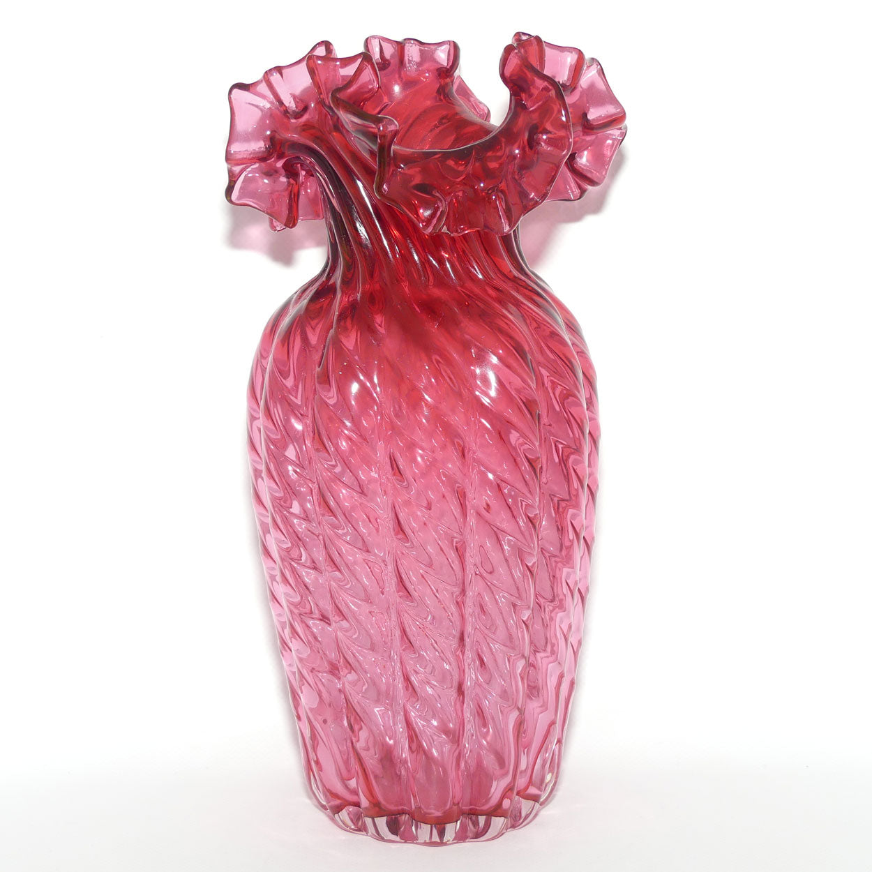 Vintage Victorian style Cranberry Glass frilled edge tall Melon shape vase