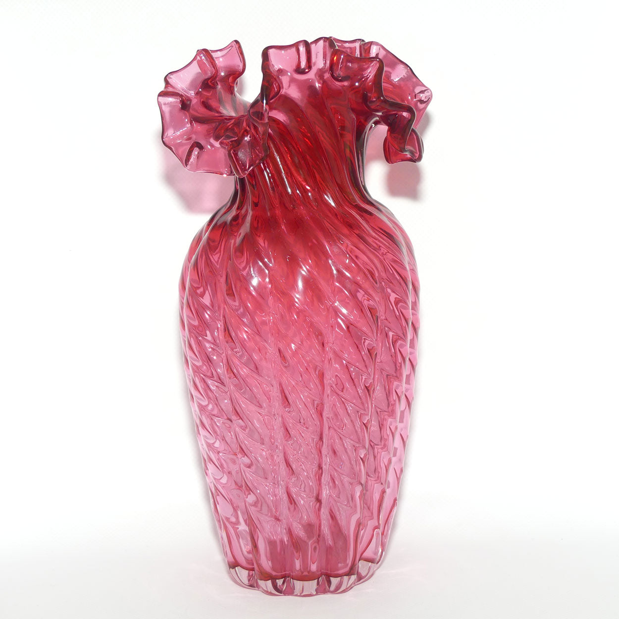 Vintage Victorian style Cranberry Glass frilled edge tall Melon shape vase