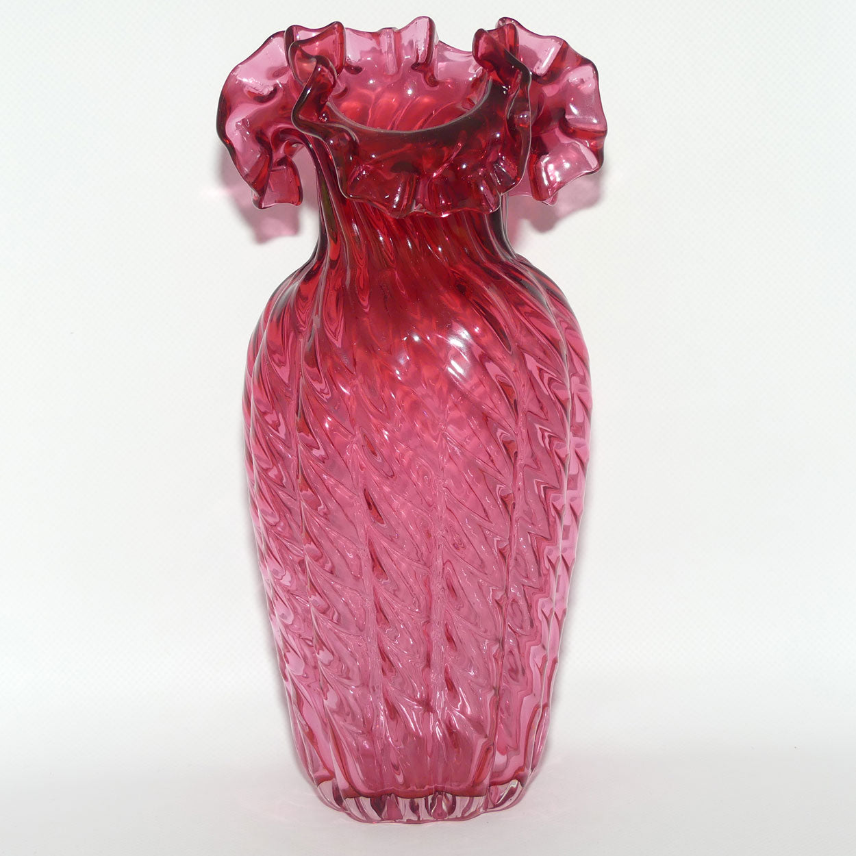 Vintage Victorian style Cranberry Glass frilled edge tall Melon shape vase