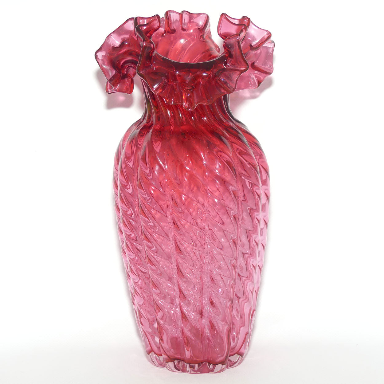 Vintage Victorian style Cranberry Glass frilled edge tall Melon shape vase