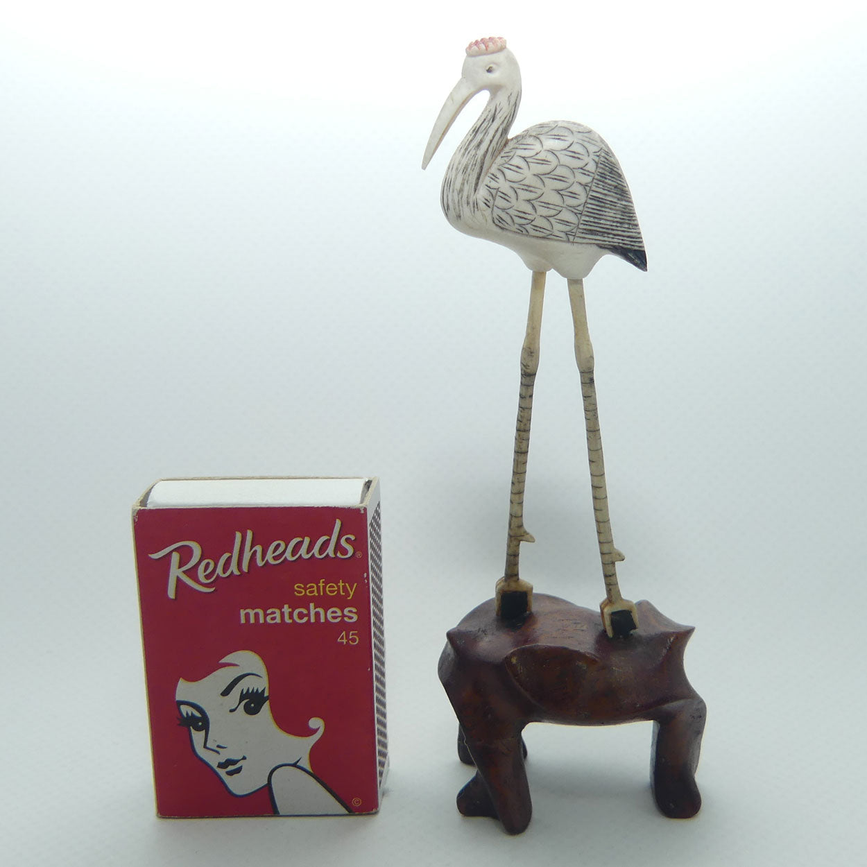 Mid 20th Century Ivory and Bone Carved Crane | Wooden Base