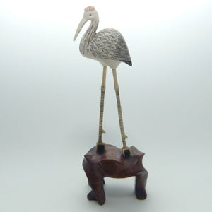 Mid 20th Century Ivory and Bone Carved Crane | Wooden Base