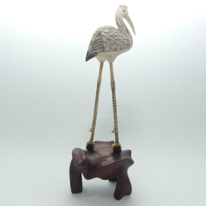 Mid 20th Century Ivory and Bone Carved Crane | Wooden Base