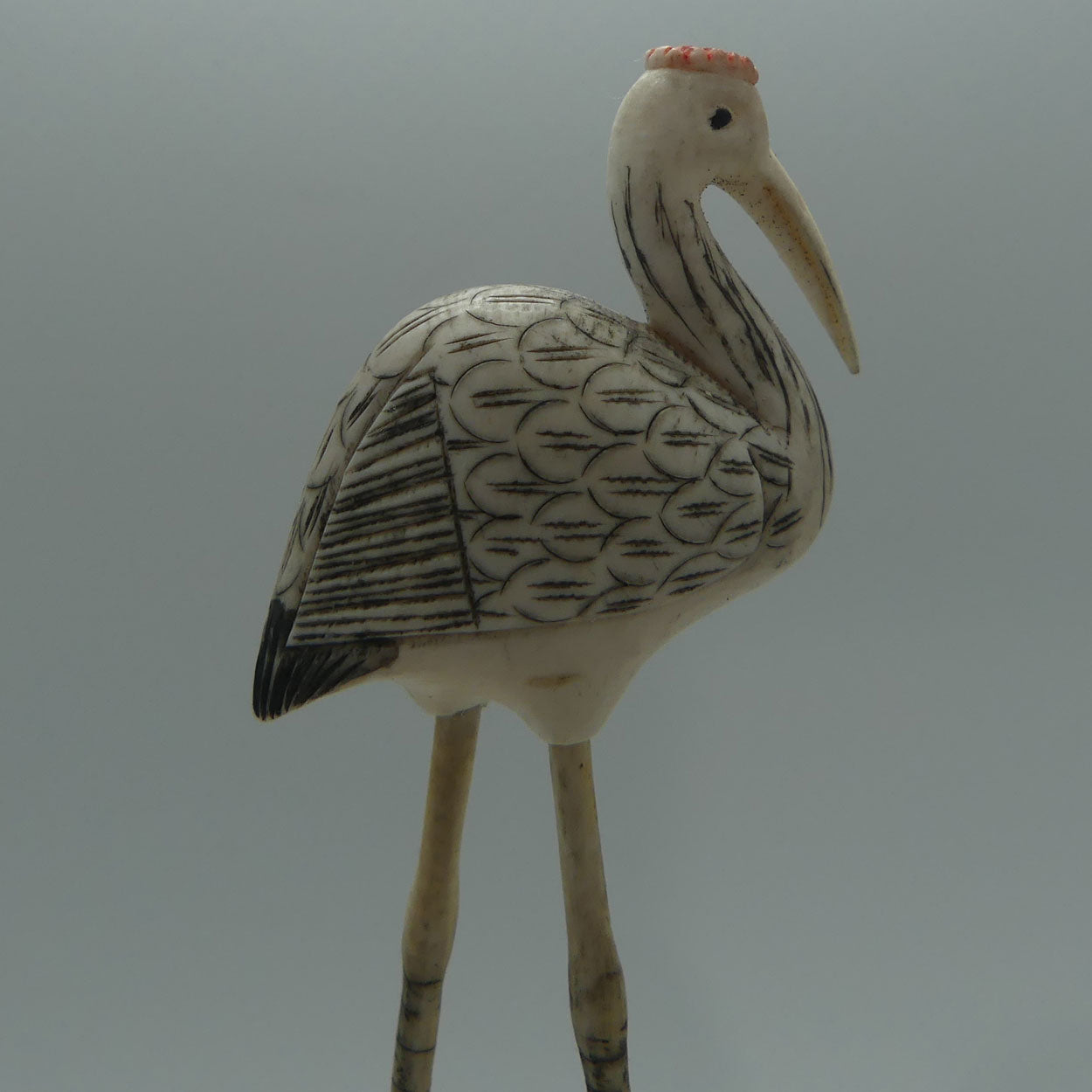 Mid 20th Century Ivory and Bone Carved Crane | Wooden Base
