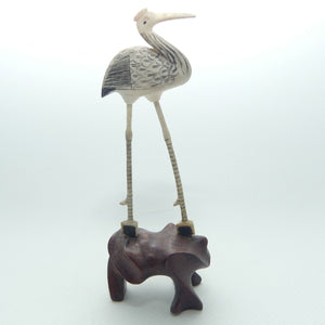 Mid 20th Century Ivory and Bone Carved Crane | Wooden Base 