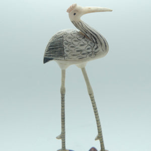 Mid 20th Century Ivory and Bone Carved Crane | Wooden Base 