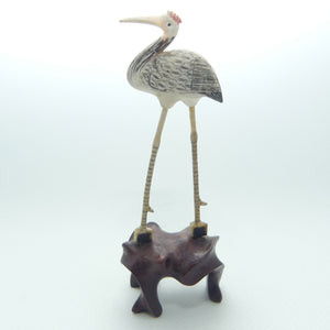 Mid 20th Century Ivory and Bone Carved Crane | Wooden Base 