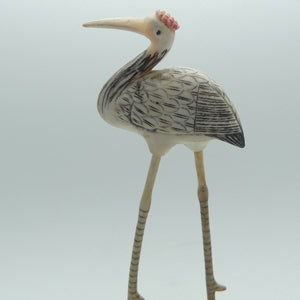 Mid 20th Century Ivory and Bone Carved Crane | Wooden Base 