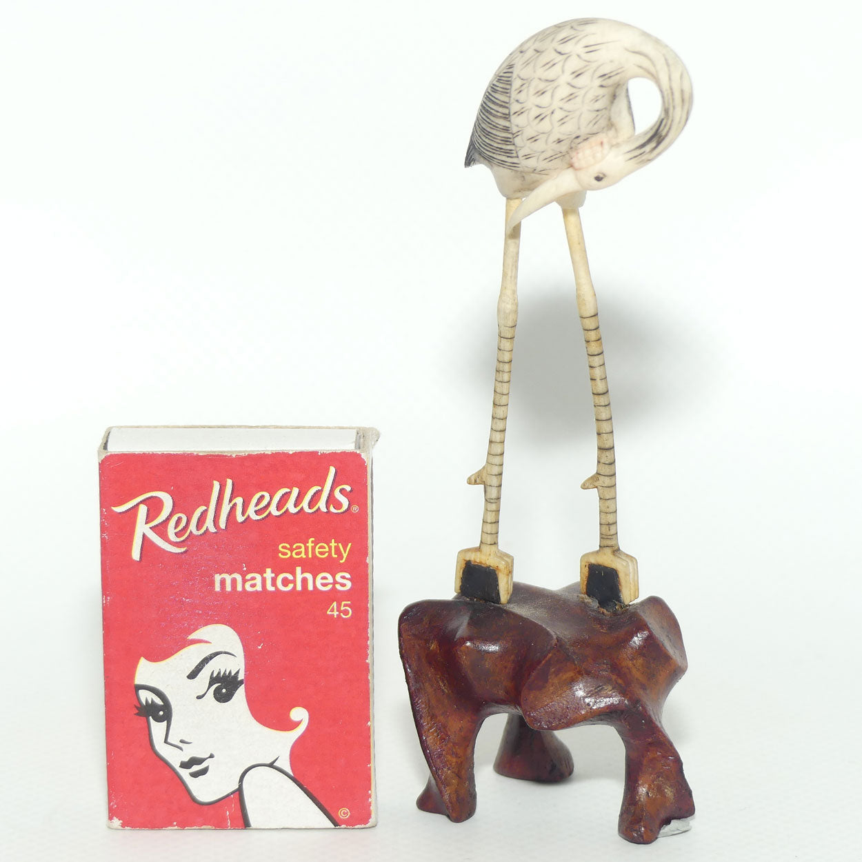 Mid 20th Century Ivory and Bone Carved Crane | Wooden Base | #7