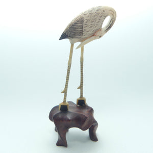 Mid 20th Century Ivory and Bone Carved Crane | Wooden Base