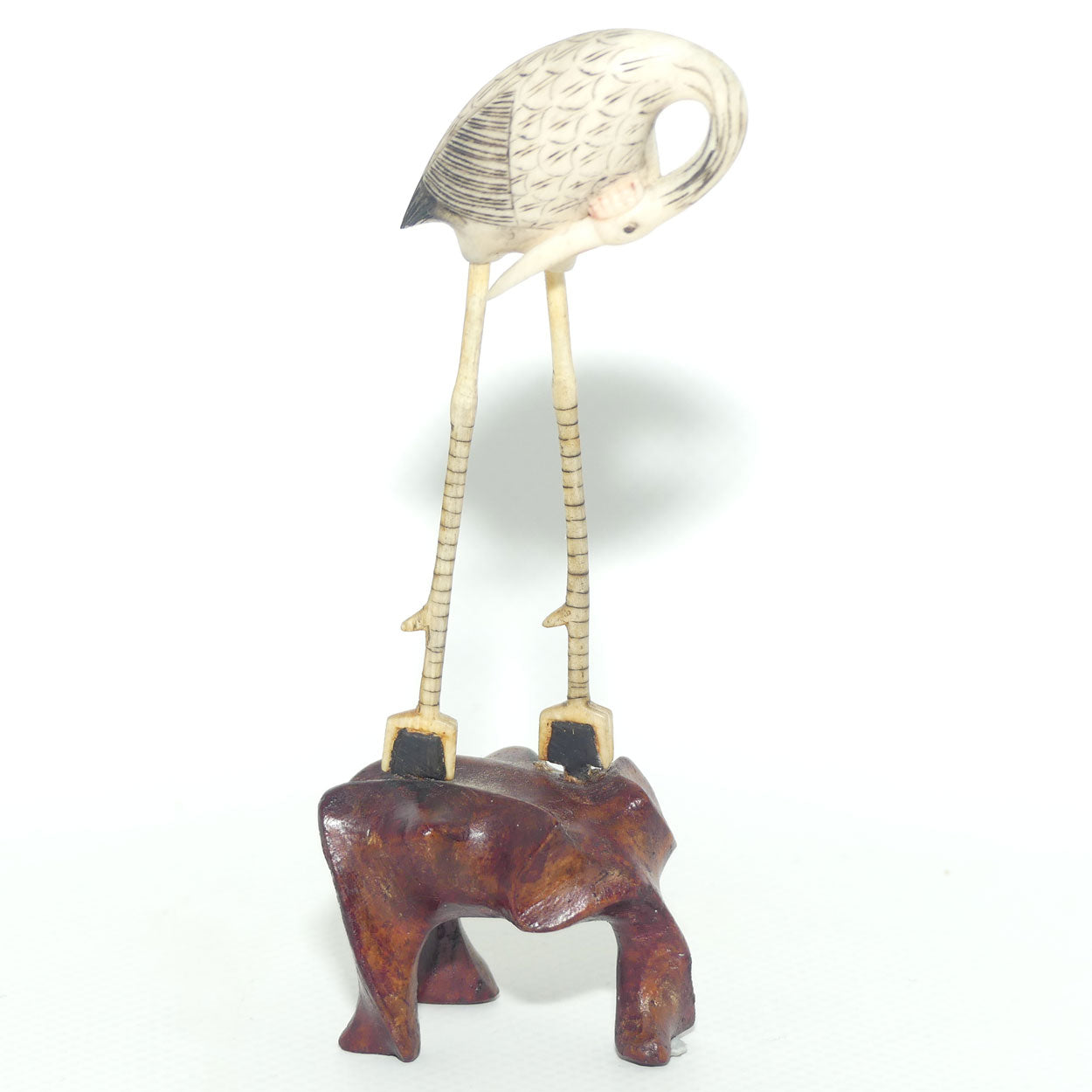 Mid 20th Century Ivory and Bone Carved Crane | Wooden Base | #7