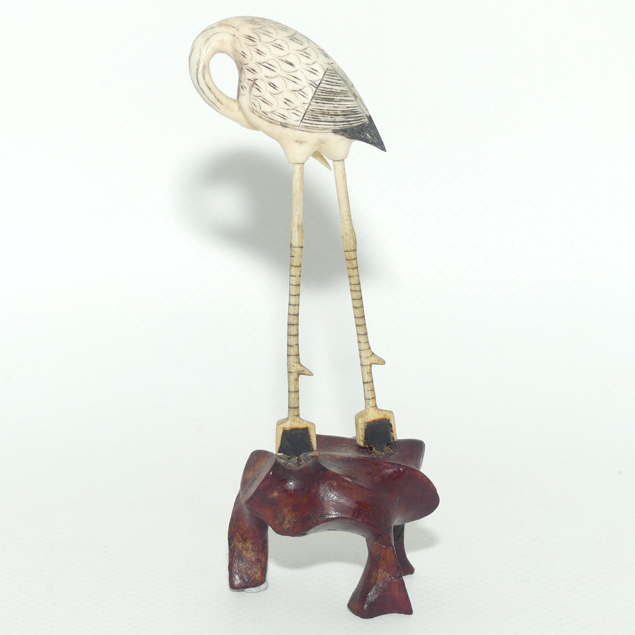 Mid 20th Century Ivory and Bone Carved Crane | Wooden Base | #7