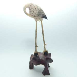 Mid 20th Century Ivory and Bone Carved Crane | Wooden Base