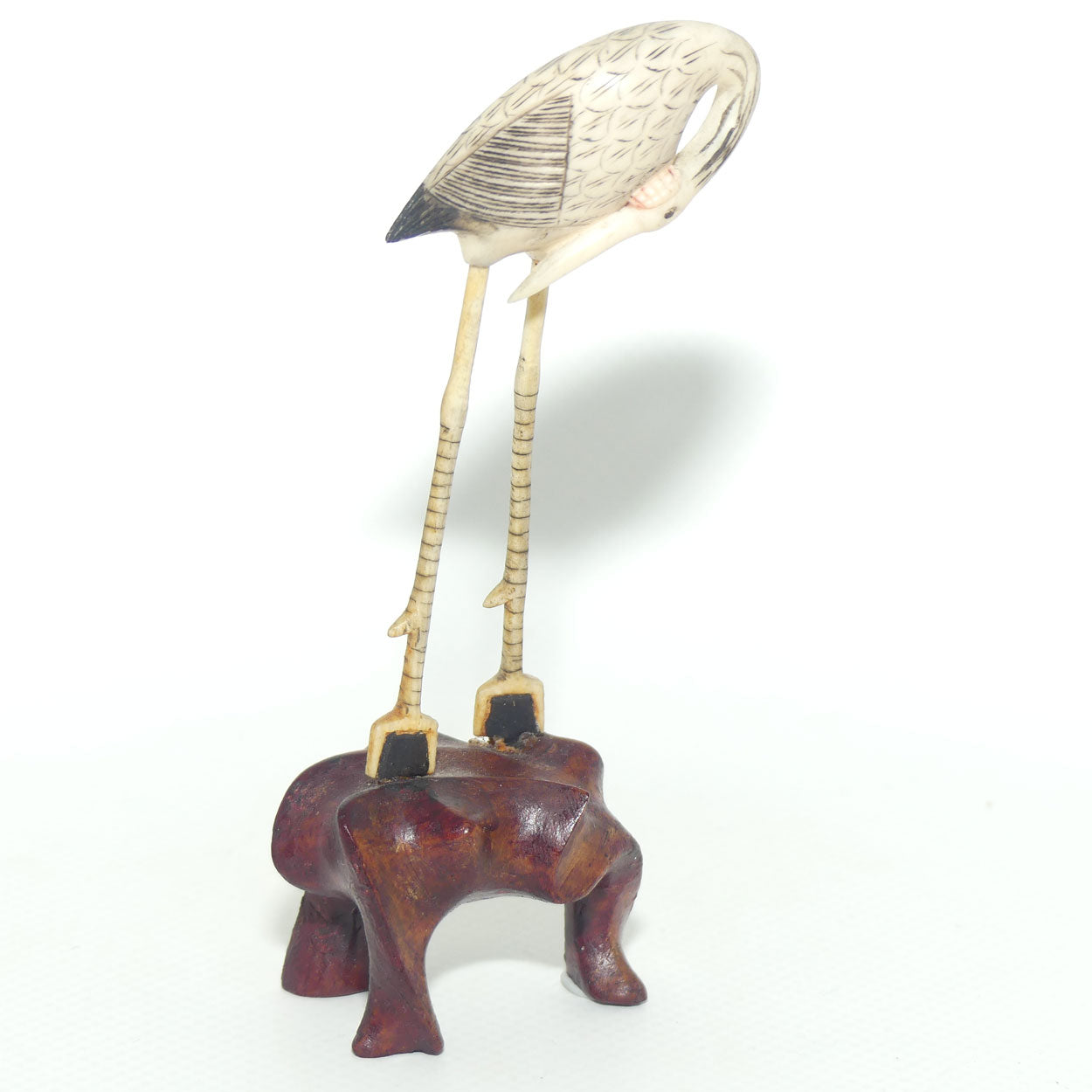 Mid 20th Century Ivory and Bone Carved Crane | Wooden Base | #7